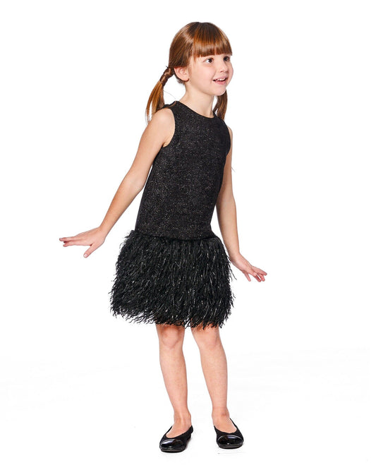 Sleeveless Bi-Material Lurex Dress With Feathers Black