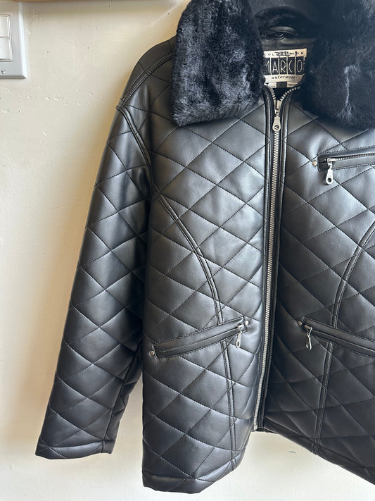 Vintage Marco Quilted Black Faux Leather Jacket with Faux Fur Collar | Size Medium