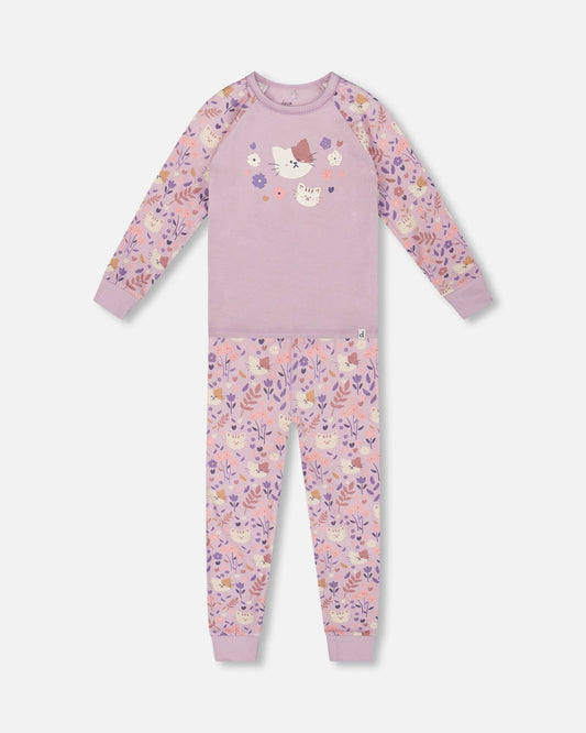 Organic Cotton Two-Piece Pajamas Lilac Cat Print