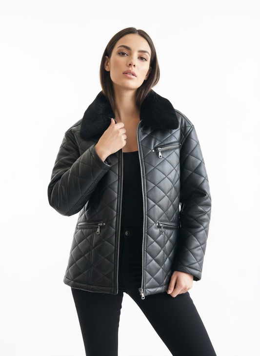 Vintage Marco Quilted Black Faux Leather Jacket with Faux Fur Collar | Size Medium