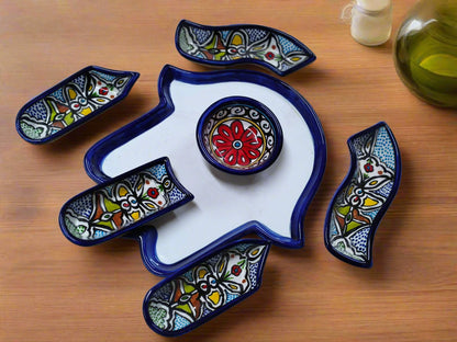 Appetizer & Dipping Plate Set Handcrafted 7-Piece Ceramic Palm shape